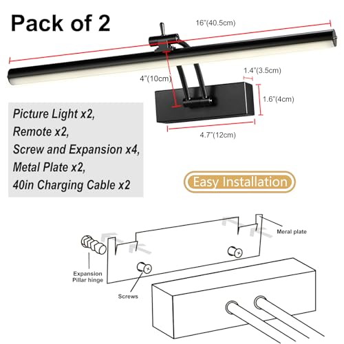 Yuichoy 2 Pack Picture Lights for Wall Battery Operated, 16 inch Wireless Art Lighting for Painting, 6 Colors Picture Frame Lights with Remote, Dimmable 5200mAh Gallery Light, Black