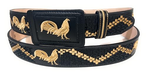 Men's Rooster Embroidered Western Leather Belt, Black and Gold Cinto Vaquero Bordado Con Gallo2