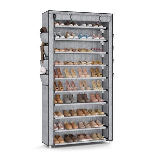 VTRIN Tall Shoe Rack with Cover, 10 Tier Shoe Organizer Storage for 50-55 Pairs Shoes and Boots Large Capacity Shoe Shelf with 8 Pockets Free Standing Shoe Rack for Closet, Entryway, Garage, Printing