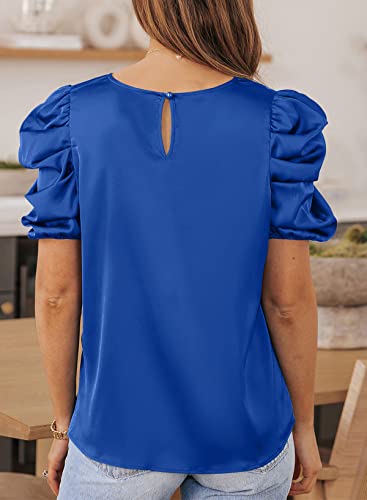 Prettygarden Womens Puff Short Sleeve Tops Summer 2023 Satin Loose Fit Tunic Dressy Casual Blouses Dark Blue #TOP3