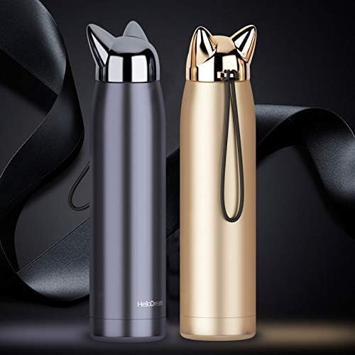 Cute Cat Ears Water Bottle, Hot Cold Coffee Thermos, Cute Stylish Tumbler Flask, Vacuum Thermos Stainless Travel Mug for Kids or Girls (Shimmering Black) - Pure Product Source