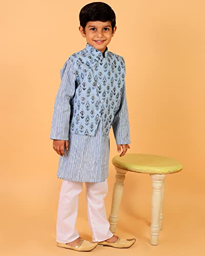 Image of The Mom Store Boys Printed Cotton Kurta Pajama Set With Jacket | Soft And Comfortable Ethnic Wear For Baby /Kids Boys | Full Sleeves Kurta Pyjama Set | Traditional Indian Outfit