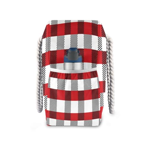 Beach Bag - Large Tote Bags for Women Red Black White Plaid Checkered Shoulder Bags Zipper Waterproof Sandproof for Travel Gym Swim Daily3