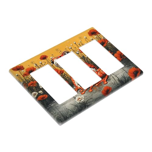 Decorative Outlet Covers Big Orange Frog Red Floral Wildflower 3 Gang Wall Plate Triple Rocker Light Switch Cover Plate Jumbo Electrical Gfci Faceplate for Bedroom Decor