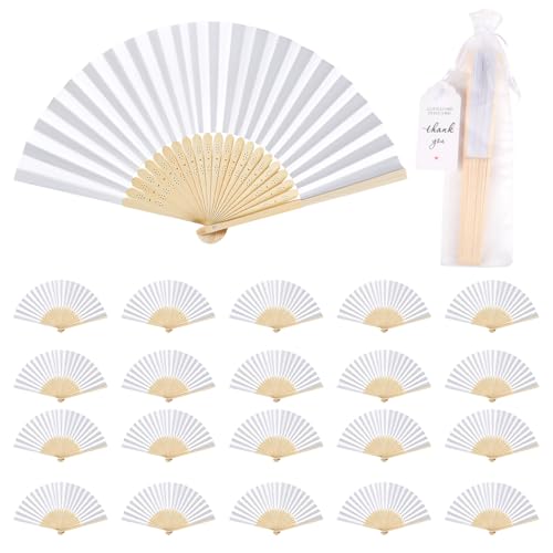 Entallor 60 Pack White Paper Fans Bulk Bamboo Folding Handheld Fans for Wedding Guests with Thank You Tags & Organza Bags Party Favors for Bridal Dancing Summer Home Decor & DIY Supplies