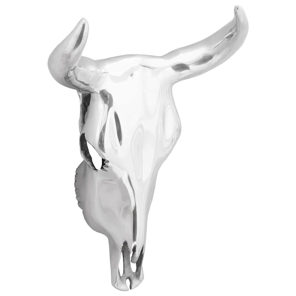 Bullen Schädel Skulptur Figur aus Aluminium, silberfarbenes Hochglanz Finish, 34 x 13 x 53 cm, 1 Stück, wandmontierte Deko für Wohnzimmer Büro Eingang Ambiente