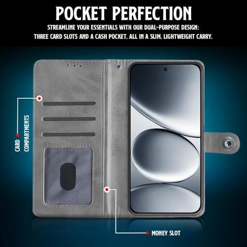 Image of WOW IMAGINE Shock Proof Flip Cover Back Case for Redmi Note 15 Pro 5G (Magnetic Button Flip Case | Wallet Pockets & Stand | Leather Finish | Stone Grey)
