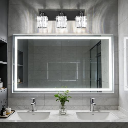 Image of Black Crystal Bathroom Vanity Light, 3-Light Modern Bathroom Lighting Fixtures Over Mirror, Matte Black Wall Sconce Light Fixtures with Round Shade