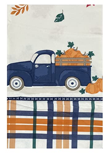 Fall Vinyl Tablecloth Flannel Backed Autumn Colorful Leaves Harvest Country Vintage Farm Truck Pumpkin Crop Plaid Border Indoor Outdoor With Custom Magnet (52'' X 90'' Oblong) (Ah399-Tr) #TOP5