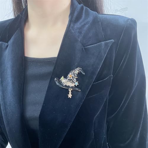 Image of Vintage Witch Hat Star Colorful CZ Dangle Black White Enamel Halloween Brooch Lapel Pins for Women Girls Boys Gold Plated Fashion Magic Witch Brooches Pin Cute Holiday Party Hat Bag Suit Accessories Jewelry Gift