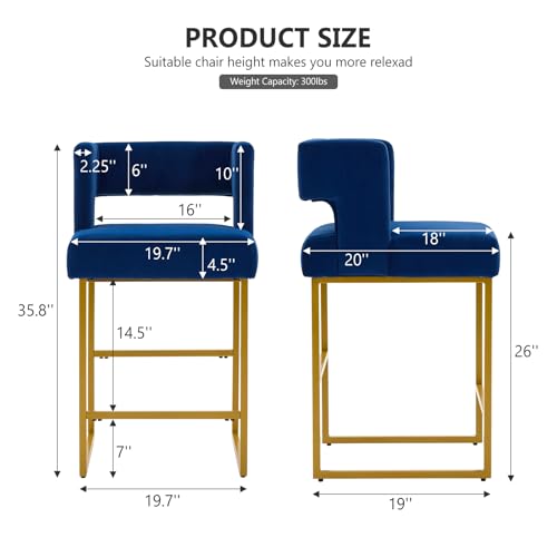 Image of 26 inch H Velvet Bar Stools Set of 6, Counter Height Bar Seats with Square Back, Modern Upholstered Armless Barstools with Metal Gold Legs for Kitchen Island Dining Room Bar, Blue