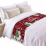 Tuuxaojbgas Cartoon Snowman Bed Runner for Full Size Bed Christmas Snowman Xmas Tree Snowfall Dark Red Soft and Cozy Beds Runner Decorative Bedding Scarf for Bedroom Hotelroom 83x20in