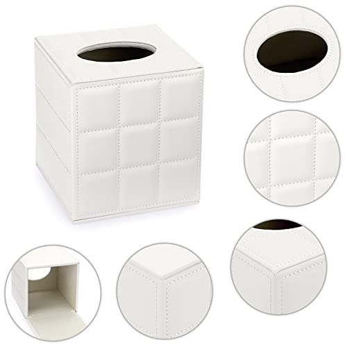 Image of Sumnacon PU Leather Tissue Box Holder, Square Napkin Holder Pumping Paper Case Dispenser, Facial Tissue Holder with Magnetic Bottom for Home Office Car Automotive Decoration, Grid White
