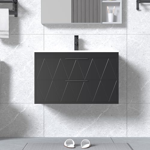 UEV Meuble sous Lavabo Suspendu 75cm, avec Lavabo en Céramique, Robinet, 2 Grands Tiroirs, Meuble Salle de Bain, Motif Ligne, Style Ligne Scandinave...