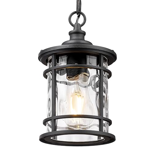 Emliviar 10.2" Hanging Lantern Light for Outside, Modern Outdoor Pendant Lighting Chandelier with Adjustable Chain, Black Porch Light with Water Ripple Glass, XE229H-S WG BK