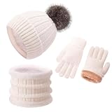 Kids Winter Hat Gloves Scarf Set Girls Boys Beanie Children Knit Neck Warmer Warm Fleece Pom Cap White 6-10 Years Old Cold Weather Sets Gifts for Childrens Niñas Niños Gorros Bufandas