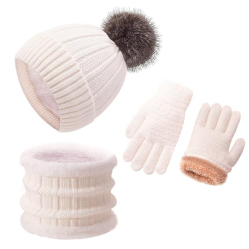 Image of Kids Winter Beanie Hat Gloves Scarf Set 1-10 Years Old Girls Boys Mittens Knit Neck Warmer Warm Fleece lining
