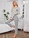 Terecey Schlafanzüge Damen Lang Baumwolle V-Ausschnitt Pyjama Set Gestreift Nachtwäsche Langarm Herbst Zweiteiliger Freizeitanzug Elastischer Bund Pyjamahose mit Taschen, Grau L
