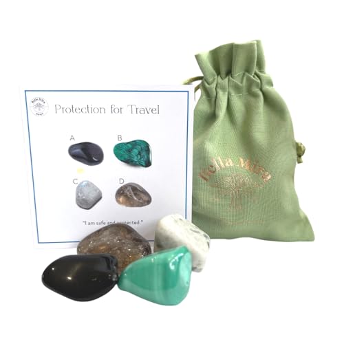 BellaMira Lifestyle Accessories Protección para cristales de viaje: selección premium de 4 piedras diseñada en el Reino Unido para practicidad, sabiduría, equilibrio, calma y miedo. Viene con bolsa de