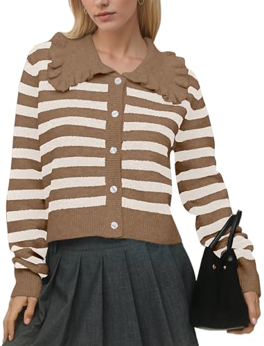 Image of Ythomm Womens Ruffle Collar Cropped Cardigans Button Down Open Front Long Sleeve Knit Sweater Jackets Casual Solid Fall Tops
