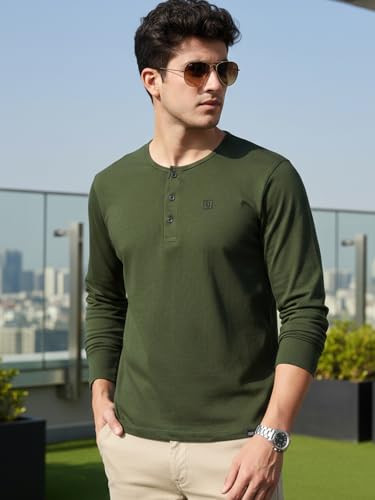 Image of Urbano Fashion Men's Solid Henley Neck Slim Fit Full Sleeve Cotton T-Shirt