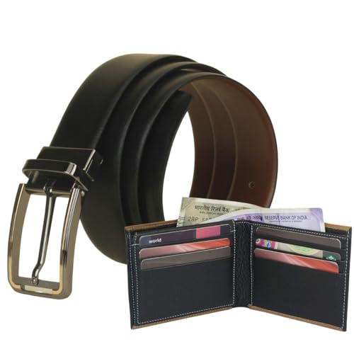 Leather Reversible Belt with Extra Buckle & Slim Wallet Combo | Premium Packaging| elegant dress belt for men | Free Size Belt for Men|Belt Wallet Combo