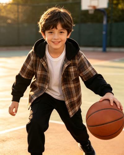 Image of 2Pcs Kids Boys Flannel Plaid Shirt Tops Pants Set Hoodie Sweatsuit for Fall Winter Spring Outfits 4-12 Years