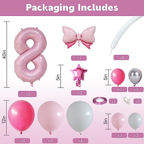 Image of 40 Inch Pink Number 8 Balloon Tower 8th Birthday Decorations for Girls | Large Pastel Baby Hot Pink White Number Eight Foil Balloons Stand Set 8 Years Old Princess Eighth Birthday Party Decorations