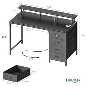 Huuger 47 Inch Computer Desk with Power Outlets and LED Lights, Gaming Desk with 4 Drawers, Office Desk with Monitor Stand, Study Work Home Office, Small Spaces, Black — photo 2 of 6