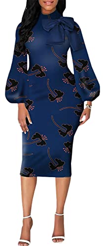 Image of Sexy Long Sleeve Dress for Women Solid Color Bow Knot Turtleneck Formal Gown Midi Casual Church Dresses