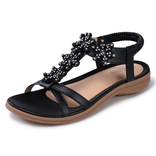 TEMOFON Flats Sandals for Women Dressy: Black Size 8 Summer Elastic Ankle Strap Flat Sandals - Comfortable Beach for Woman