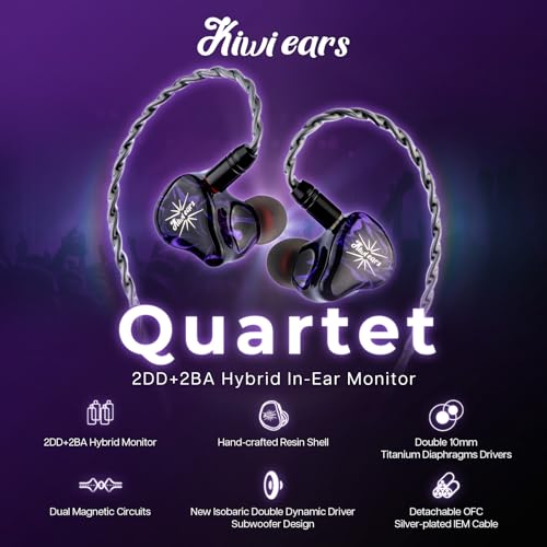 Linsoul Kiwi Ears Quartet 2DD+2BA Moniteur Intra-Auriculaire Hybride, HiFi Écouteurs avec Coque en Résine Artisanale, Câble IEM Détachable OFC Plaqué Argent pour Musicien DJ Gaming (Violet, Quartet) - Les Beatles, Paul McCartney, John Lennon, RIngo Starr, George Harrison Linsoul Kiwi Ears Quartet 2DD+2BA Moniteur Intra-Auriculaire Hybride, HiFi Écouteurs avec Coque en Résine Artisanale, Câble IEM Détachable OFC Plaqué Argent pour Musicien DJ Gaming (Violet, Quartet) – Image 3