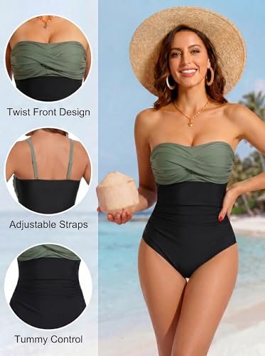 Image of Smismivo Tummy Control Swimwear Strapless One Piece Swimsuit Ruched Bathing Suits for Women Slimming Bandeau Tube Top Bikini