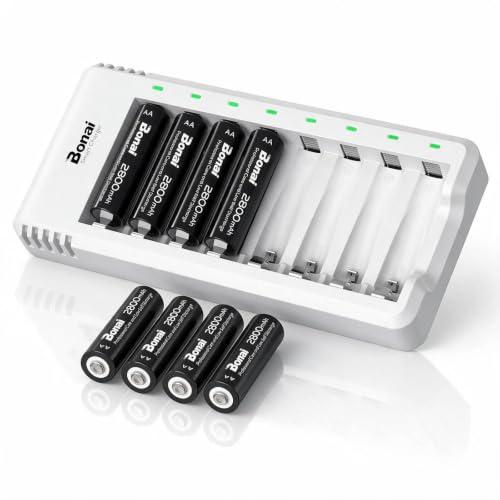 Bonai - Cargador de Pilas Universal de 8 Ranuras, con 8 Pilas Recargables AA 2800 mAh Ni-MH, USB 8 Ranuras Cargador de Pilas rápido