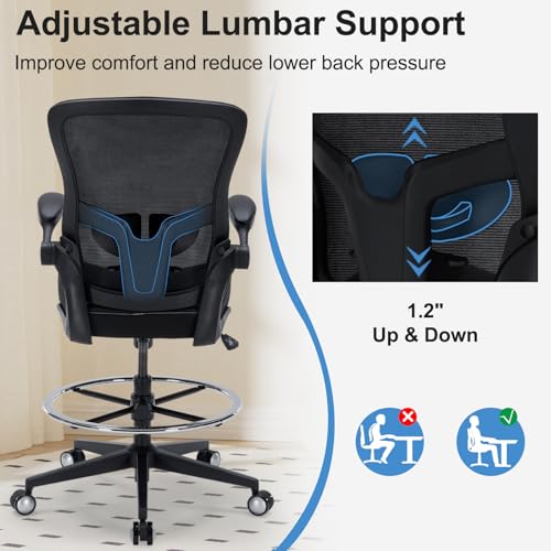 Image of Drafting Chair 400lbs Heavy Duty Tall Office Chair Big and Tall Ergonomic Standing Desk Chair with Lumbar Support and Adjustable Footrest Ring, Comfy Mesh Wide Chair with Flip-up Armrests, Black