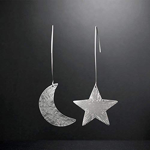 Emmanuela Big Star & Crescent Moon Earrings Handmade from Gold Plated 925 Sterling Silver - Totally Handmade Drop Dangle Statement Large Mismatched Hypoallergenic Earrings 5