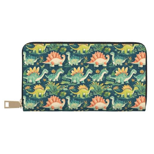 Leather Thin Slim Wallets for Women Men - Fashion Cartoon Dinosaur Print Card Wallet Holder with Zipper