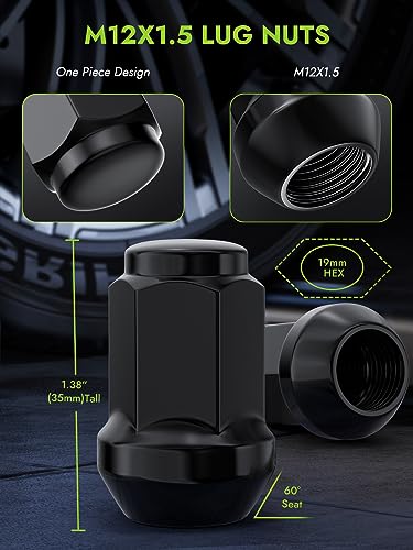 Image of AUTOPTIM M12x1.5 Lug Nuts - Replacement for Ford Fusion Focus Escape, Chevy Equinox Malibu, Jeep Compass Patriot, Honda Accord Civic, Sonata Elantra Aftermarket Wheel, 20PCS Black Closed End Lug Nut