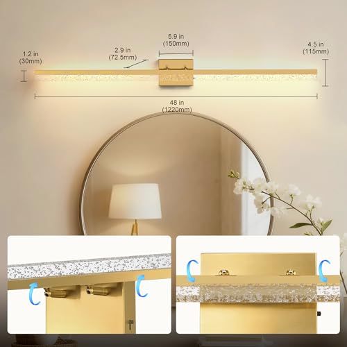 Image of L LOHAS LED 48-Inch Bathroom Vanity Light Bar Over Mirror, Gold Modern Bathroom Light Fixtures with Bubbled Acrylic Shade, 3CCT Adjustable LED Vanity Lights for Living Room Wall