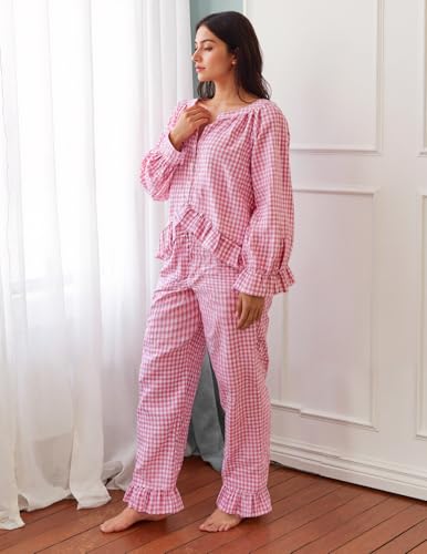 Womens Gingham 2 Piece Pajama Set Cute Cotton Puff Long Sleeve Babydoll Shirt and Ruffle Plaid Pant Pj Lounge Set3
