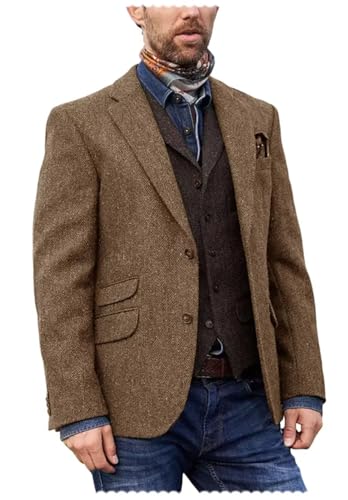 Men's Vintage Tweed Blend Blazer 2-Button Formal Herringbone Sports Jacket with Pockets