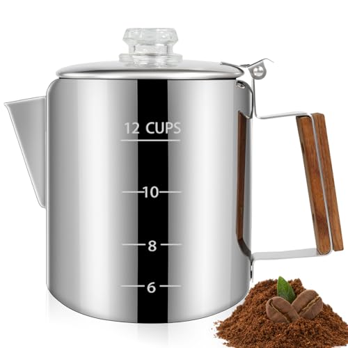 Image of 12 Cup Percolator 304 Stainless Steel Coffee Pot Coffee Maker Coffee Machine with Solid Wood Handle Transparent Knob Stovetop Greca Mocha for Induction Home and Camping 2200ml 74.4oz