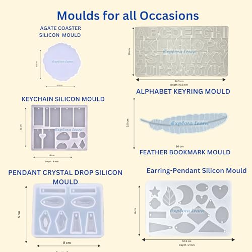 Image of Exploralearn 195 Pcs Ultimate UV Resin Art Kit with 300g Epoxy Resin, 50gm UV Resin - DIY Alphabet, Bezels, Jewelry, Keychains, Coasters & Bookmarks - Includes UV Lamp, Tape, Deburring Tool, Pendants, Golden Acrulics, Stickers and more