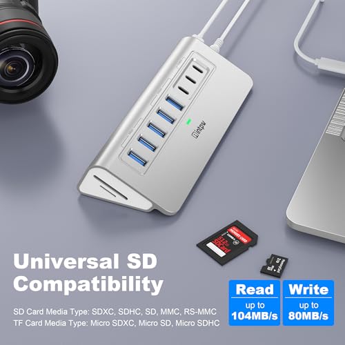 Image of Powered USB Hub 10Gbps, Intpw YH6AC Plus 10-Port USB Hub 3.2 (USB A /USB C 3.2+3 USB-A 3.0+2 PD 45W Fast Charging Port+SD /TF Card Reader), 65W Power Adapter,Aluminum USB HUB for PC,Laptop,iPhone 17 /16