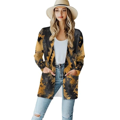 Image of Women's Aztec Open-Front Jacket Lightweight Casual Outerwear Native Western Aztec Pattern & Plaid Houndstooth Print