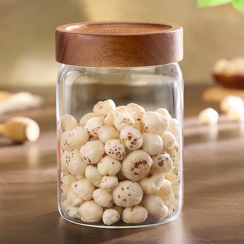 Image of Borosil Glass Jar with Acacia Wood Lid | Borosilicate Glass Storage Jar for Dry Fruits, Spices & Snacks | Airtight Glass Container for Kitchen & Pantry (Tallwood, 900ml)