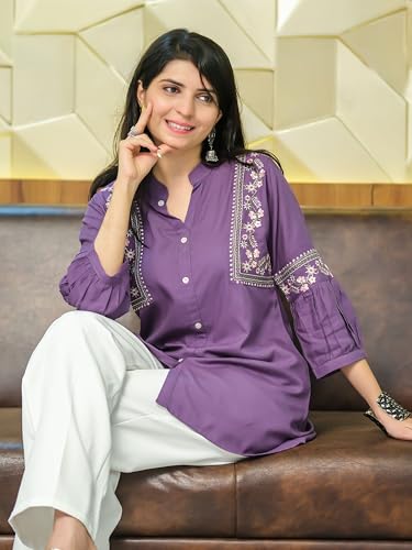 Image of Women's Viscose Rayon Embroidered A-Line Short Kurti Above Knee Regular Fit Tunic Top Office Wear Casual short kurti for women | office wear top | A-line kurti | raksha bandhan gift dress for women