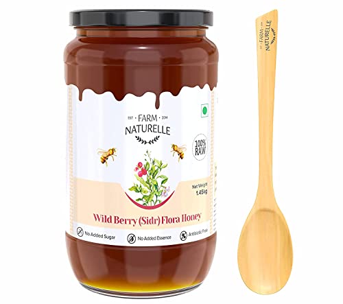 Image of Farm Naturelle Berry Honey 1.45kg with Extra Honey and Wooden Spoon | 100% Pure Raw Honey in Glass Bottle