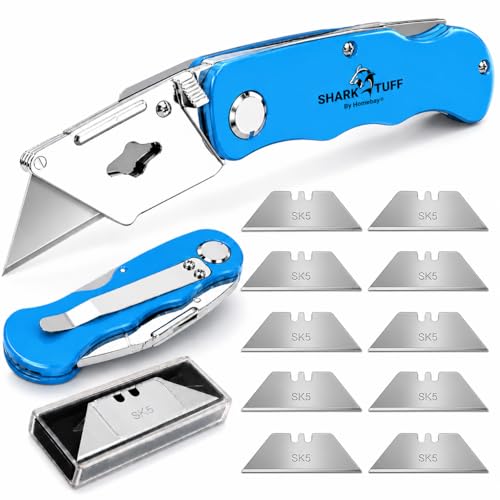 Shark-Tuff Heavy Duty Folding Utility Knife with 10 Spare SK5 Blades | All Metal Sharp Craft Tradesman Camping Pocket Knife Cardboard Box Cutter with Belt Clip & Safety Lock UK Legal