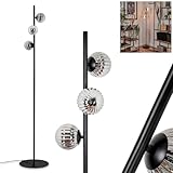  Lampadaire Remaisnil, lampadaire en métal/verre cannelé noir/fumée, luminaire design rétro/vintage avec abat-jour en verre (Ø 10 cm), et interrupteur à pied, hauteur 159 cm, 3 x G9, sans ampoules